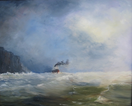 Steamship in heavy weather off the coast 16in x 20in
